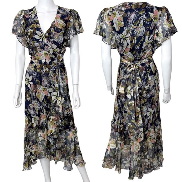 Tanya Taylor Blaire Printed Linen-Silk Midi Faux-Wrap Dress Maritime Blue Multi - Picture 3 of 16
